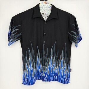 Vintage Sapphire Lounge Shirt Mens XL Button Up‎ Fire Flames Blue Short Sleeve